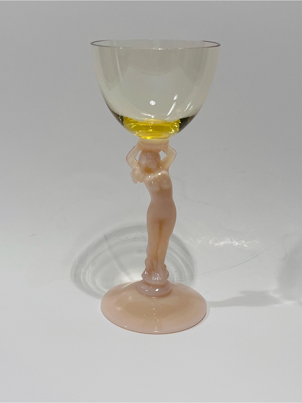 Vintage Cambridge Glass Nude Statuesque Tuscan & Yellow Cocktail Glass